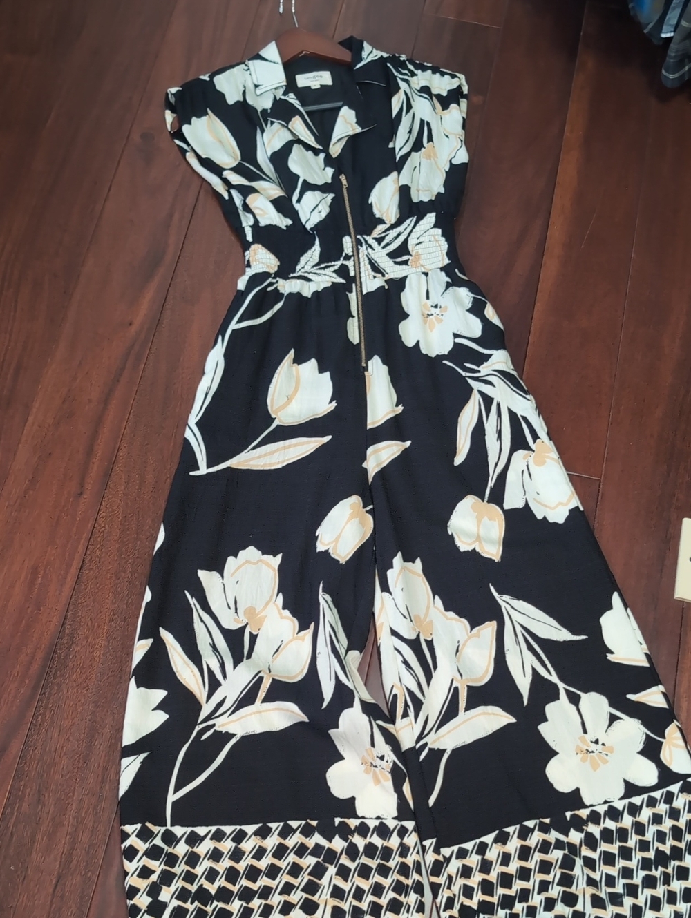 Umgee Black Jumpsuit with Cream and Tan Floral Print